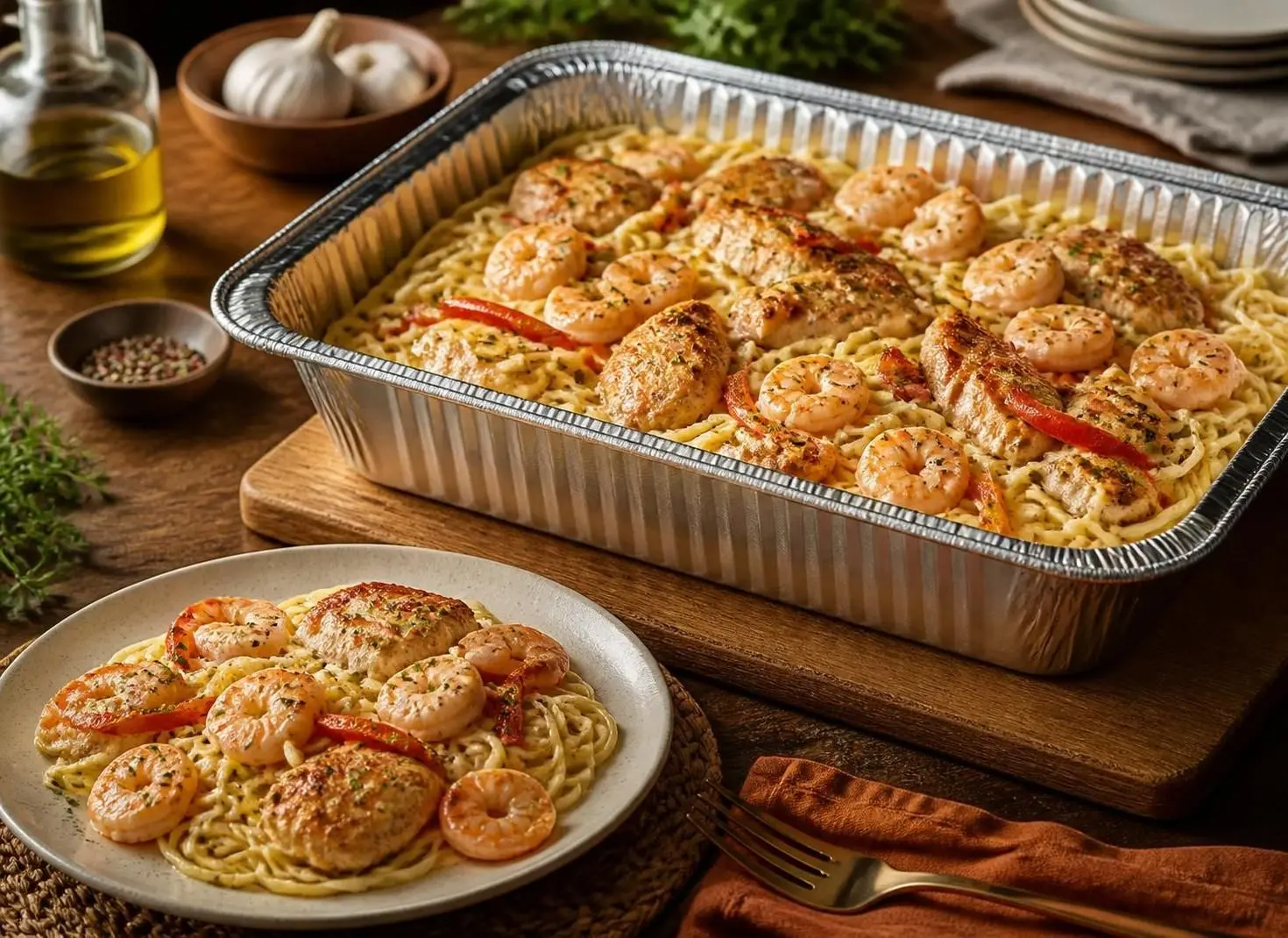 Chicken and Shrimp Carbonara (Serves 4 – 6)